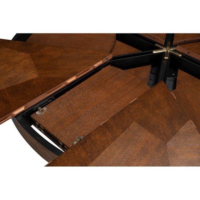 Transitional Round Dining Table, Medium - Warm Brown Oak With Faceted Pedestal Base For Sale - Image 9 of 11