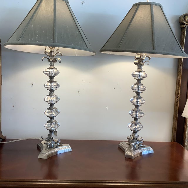 Transitional Pair of Neo Classical White Metal and Crystal Lamps For Sale - Image 3 of 4