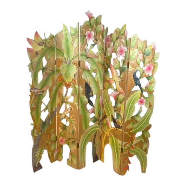 Colorful Tropical Birds Amongst Exotic Foilage Painted & Carved Wood Room Screen For Sale
