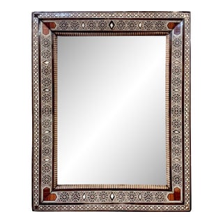 Vintage Marquetry Wood Inlay Mirror With Mother-of-Pearl Accents For Sale