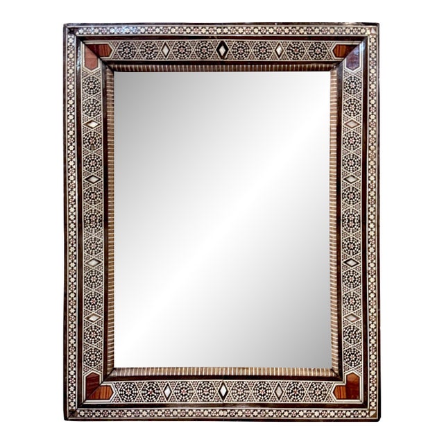 Vintage Marquetry Wood Inlay Mirror With Mother-of-Pearl Accents For Sale
