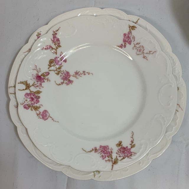 Farmhouse Vintage French Limoges Plate Setting Service for 7 - Pink Spray of Flowers on White Porcelain - 14 Pieces For Sale - Image 3 of 5