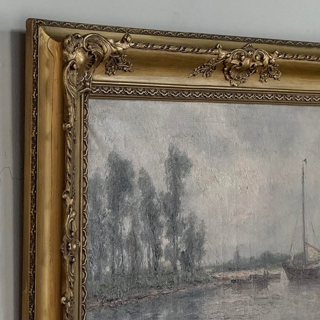 19th Century Belgian Oil on Canvas Painting of Riverboats by Romain Steppe in Original Gilt Frame For Sale - Image 14 of 16