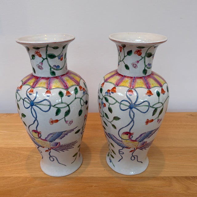 White Pair of Altfield Hong Kong Hand-Painted Chinoiserie Bird & Floral Porcelain Vases, 14” For Sale - Image 8 of 12