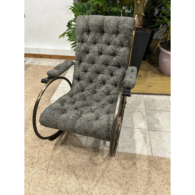 Mid-Century Lee Woodward Tufted Sculptural Rocking Chair in a printed charcoal textured chenille. Beautiful tubular brass...