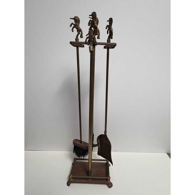 Vintage Brass Unicorn MCM Fireplace Tool Set 3-Pc + Extra Topper 31” For Sale - Image 10 of 11