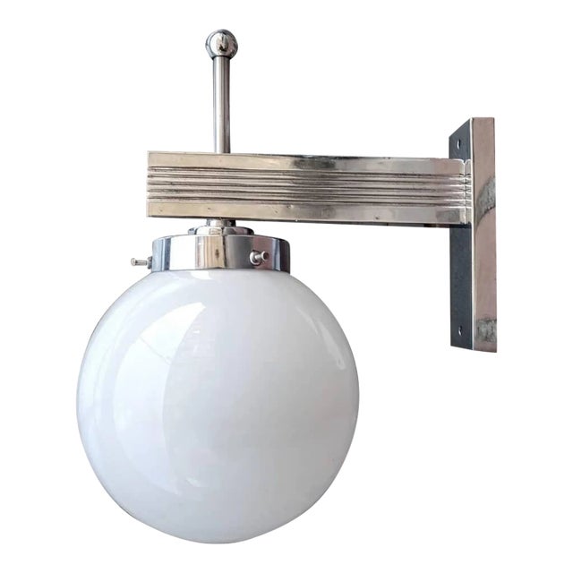 Vintage Art Deco Wall Sconces in Nickel Brass & Milk Glass Shade For Sale