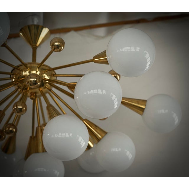 Metal Mid-Century Murano White Art Glass and Brass Chandelier and Pendant For Sale - Image 7 of 10