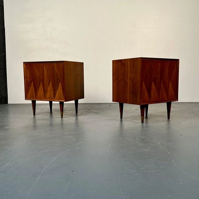 Pair of Danish Mid-Century Modern Style Geometric Nightstands, Walnut, Brass For Sale - Image 4 of 13