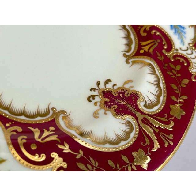 Burgundy Antique Cauldon England Hand Painted Floral Raised Gold Porcelain Cabinet Plate For Sale - Image 8 of 12