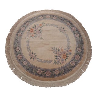 Vintage Round Chinese Floral Wool Rug With Sculpted Botanical Design & Fringe For Sale