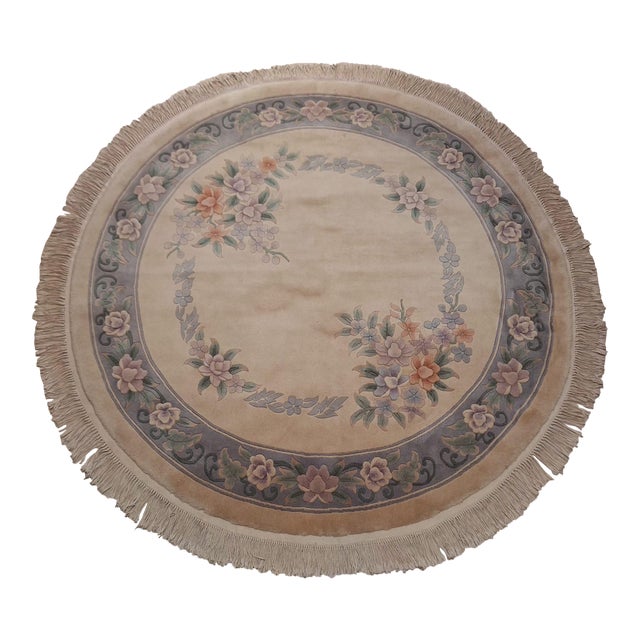Vintage Round Chinese Floral Wool Rug With Sculpted Botanical Design & Fringe For Sale