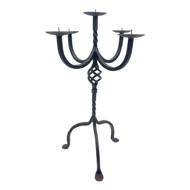 Hand Forged Iron Candelabra 23.5″ (60cm) Antique Copper Finish 5-Arm Grand Banquet Centerpiece & Wedding Decor For Sale