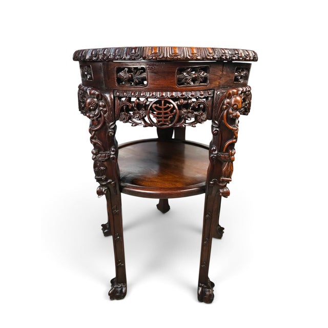 Companion Pair of Late Qing Dynasty–Early Republic Era Cantonese Carved Hardwood Marble-Top Stands For Sale - Image 4 of 14