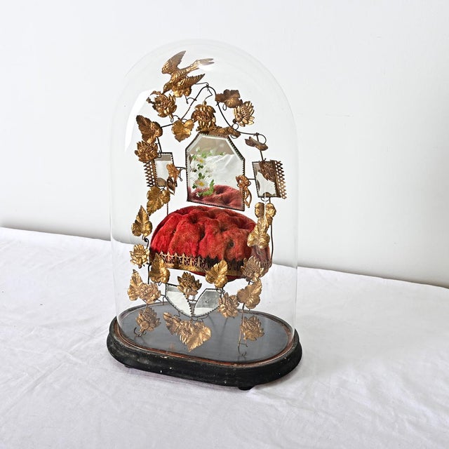 French 19th century handcrafted bridal, wedding, or marriage dome on stand. The uniquely 19th century (Victorian period)...