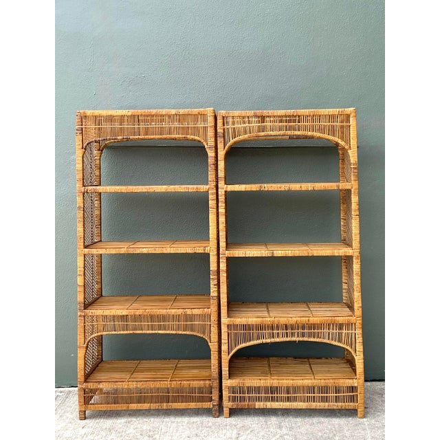Late 20th Century Vintage Woven Rattan Low Etagere - Set of 2 For Sale - Image 5 of 12