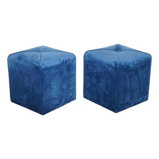 Art Deco Blue Velvet Touch Fabric Blue Stools, Set of 2 For Sale