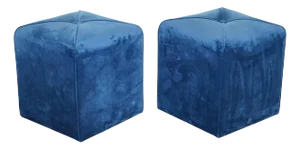Art Deco Blue Velvet Touch Fabric Blue Stools, Set of 2