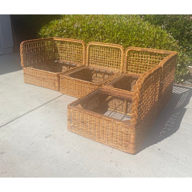 Wood Vintage Wicker Sectional Sofa With New Sunbrella Cushions For Sale - Image 7 of 10