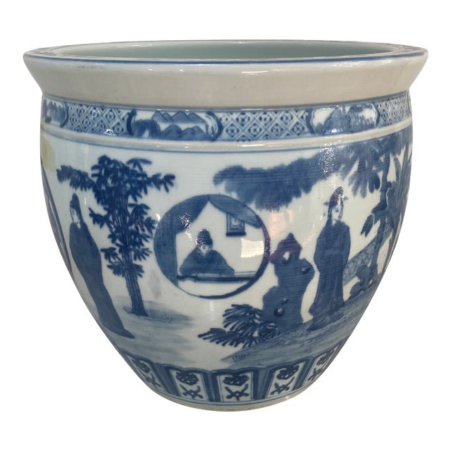 Blue and White Porcelain Asian Cache Pot For Sale