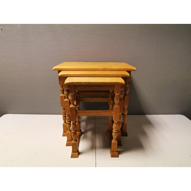 Nesting Tables in Oak with Carvings attributed to Henry Kjærnulf for Nyrup Furniture Factory, Denmark, 1960s, Set of 3 For Sale - Image 14 of 14