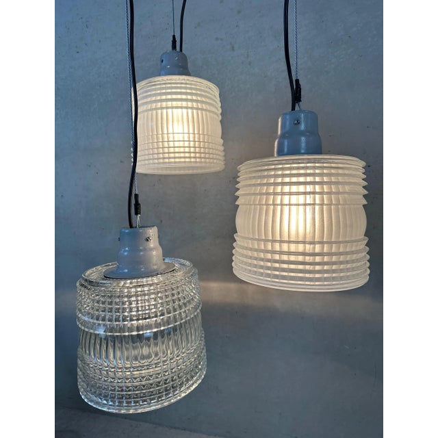 7x vintage industrial Europhane pendant lamps with Holophane glass. Europhane is a French company specialized in lighting,...