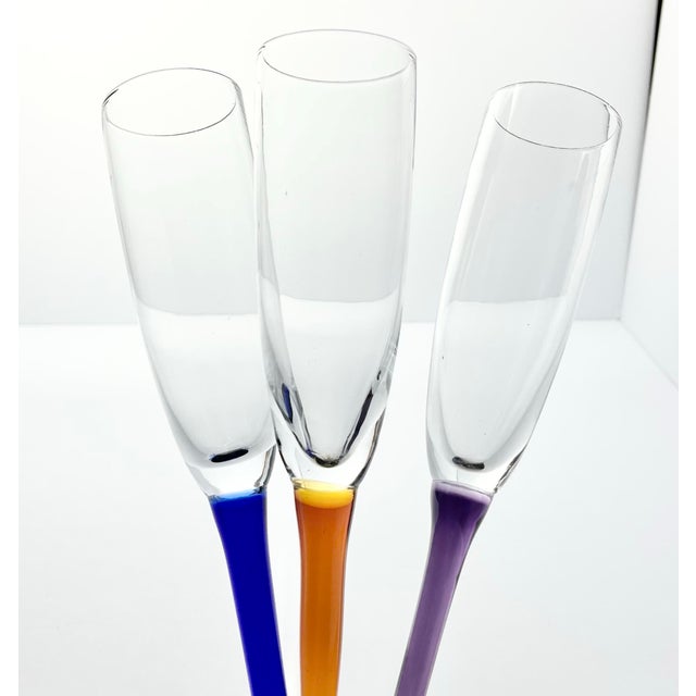 2010s Set of 3 Stemless Footless Long Colorful Handles Toasting Champagne Glasses For Sale - Image 5 of 6