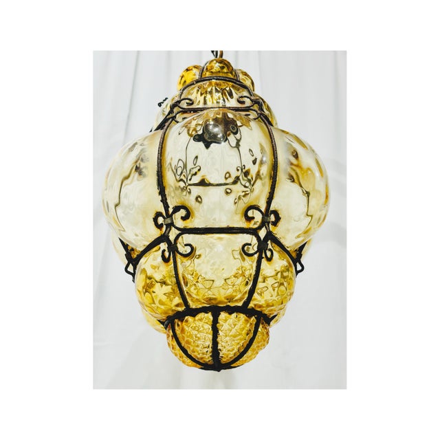 Mid-Century Modern Vintage Mid Century Era Murano Caged Glass Pendant Lantern Attributed to Seguso, Amber Glass For Sale - Image 3 of 9
