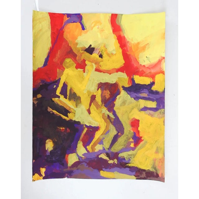 Late 20th century gouache on paper abstract painting in yellow, pruple and red. Unsigned. Unframed.