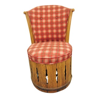 Rustic Oak Swivel Plaid Chair For Sale