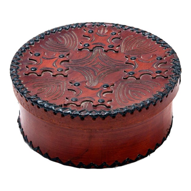 1970s Hand Tooled Round Leather Box For Sale