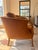 Vintage Barrel Back Chairs in Amber Velvet, Carved Oak Arms – Pair For Sale - Image 4 of 9