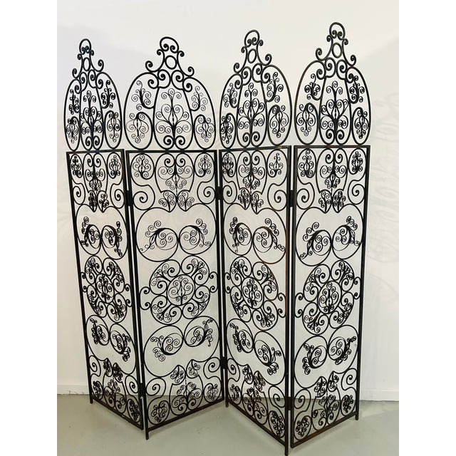 Spanish Revival Style 1960s 4 Panel Iron Ornate Scrolled Folding Screen Room Divider Woodard Unmarked For Sale - Image 4 of 14