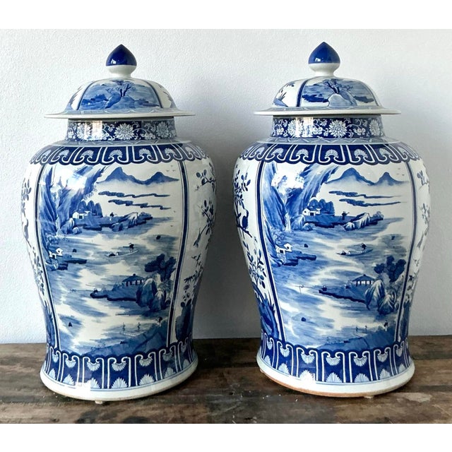 Vintage Boho Monumental Blue and White Lidded Ginger Jars - A Pair For Sale - Image 12 of 12