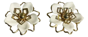 Vintage Signed Emmons Off White Enamel Gold Tone Clip on Earrings