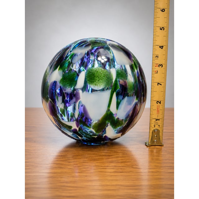 Blue Pyromania Oregon Float Hand Blown Art Glass Orb Ball Paperweight Blue Green Purple Studio Glass Sculpture Coastal Decor Gift 4.5" For Sale - Image 8 of 9