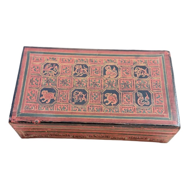 Mid 20th Century Burmese Lacquerware Decorative Box, Hand-Painted Zodiac/Mythical Animal Motif For Sale
