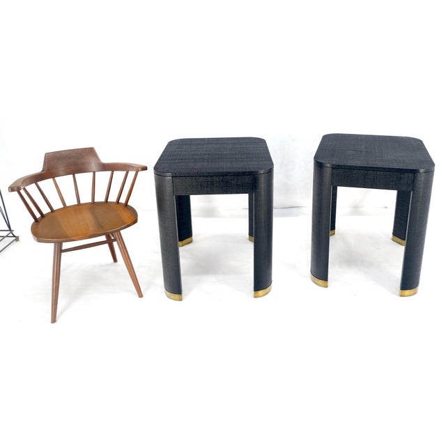Mid-Century Modern Pair Black Lacquer Grass Cloth Wrapped One Drawer Night Stands End Tables For Sale - Image 3 of 9
