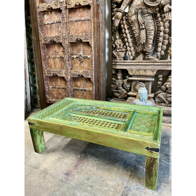 Green Antique Indian Carved Door Coffee Table – Rustic Green Patina Vintage Wood Accent Table For Sale - Image 8 of 8