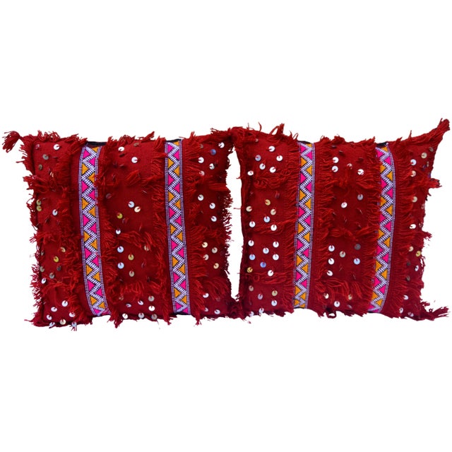 Vintage pair of Moroccan silk and wool pillows handwoven in a lively and vibrant color combination, by the Berbers of the...