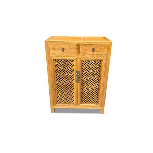 Asian Inspired cabinet is made out of elm wood. It has 2 doors, 2 Drawers, and 3 removable shelves. It has lot of storage....