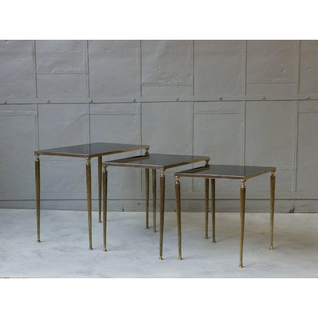 Metal Set of Black Glass and Brass Nesting Tables in the Style of Maison Jansen For Sale - Image 7 of 11