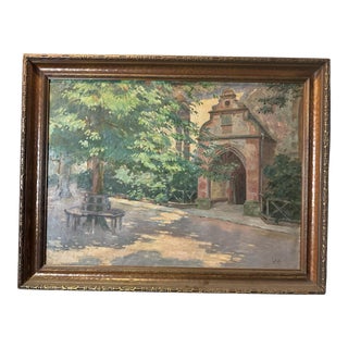 Early 20th Century Antique Impressionistic Landscape Oil Painting Countryside Chapel Signed G. Heil, Framed For Sale