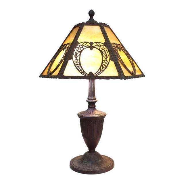 Arts & Crafts Bradley & Hubbard Style 6-Panel Slag Glass Lamp Unsigned C1920 For Sale - Image 10 of 11