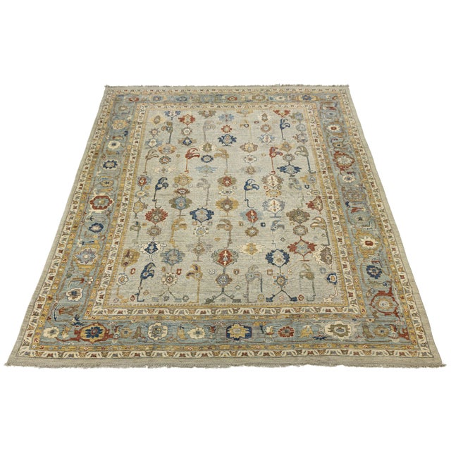 Modern Hand-Knotted Oushak Style Wool Area Rug in Soft Sage and Slate Blue 14x20 For Sale - Image 4 of 12