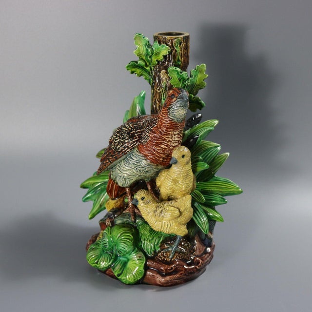 Hugo Lonitz Majolica candelabra base which features a partridge and two chicks in front of an oak tree. Colouration:...