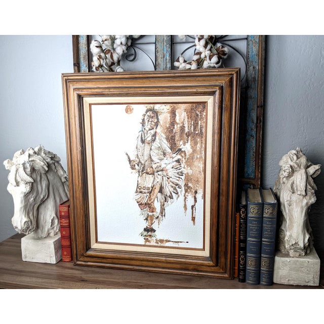 A compelling original mixed media work by listed American artist R. Scott (1936–2016), depicting a powerful Native...
