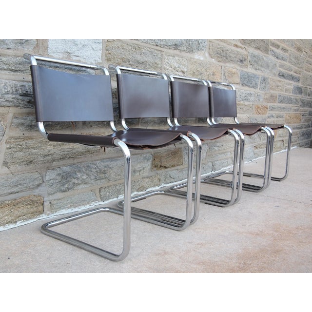 Knoll Set of 4 Vintage Knoll Spoleto Side Dining Chair, Chrome + Brown Leather For Sale - Image 4 of 11