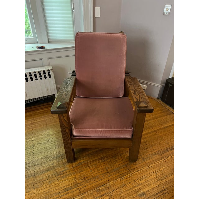 Morris style oak chair, 19th Century, sturdy construction with ladder back that reclines to 3 positions resting on metal...