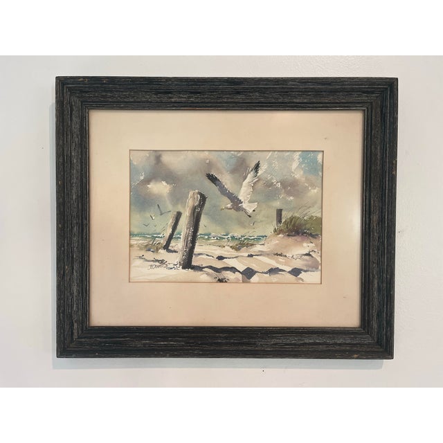 Coastal 1970s J. Everett Draper Original Coastal Watercolor of Seagulls Over Beach. For Sale - Image 3 of 8